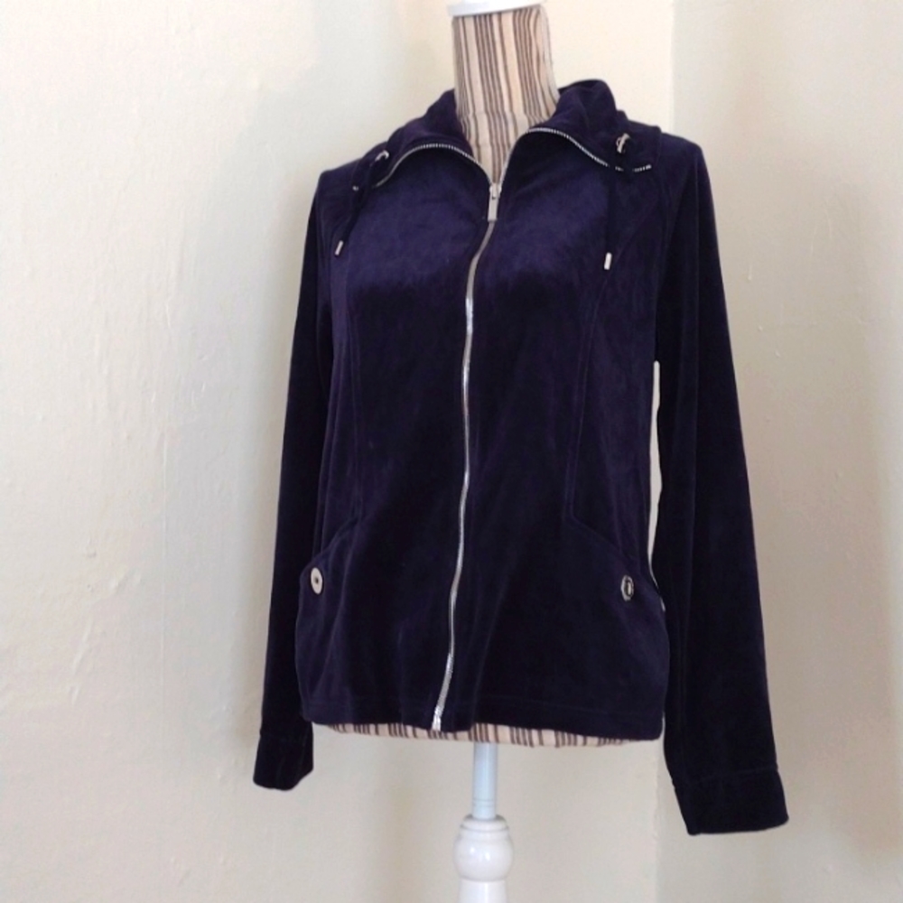 Jones New York Midnight Blue Velour Full Zip Mock Neck Jacket Size S